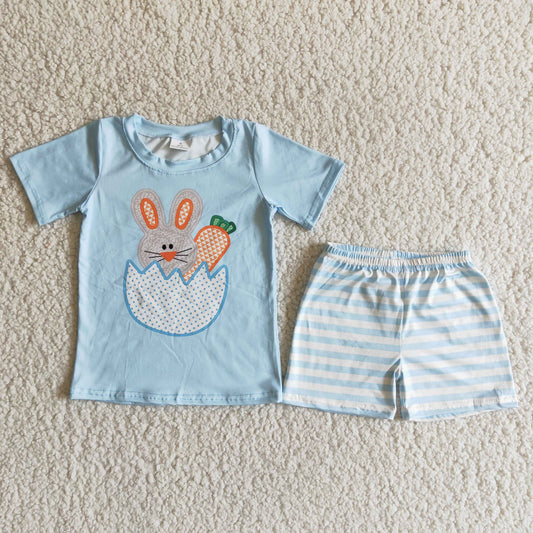 Easter Day Boy Blue Short Sleeve Top Match Stripes Shorts Set With Bunny Pattern