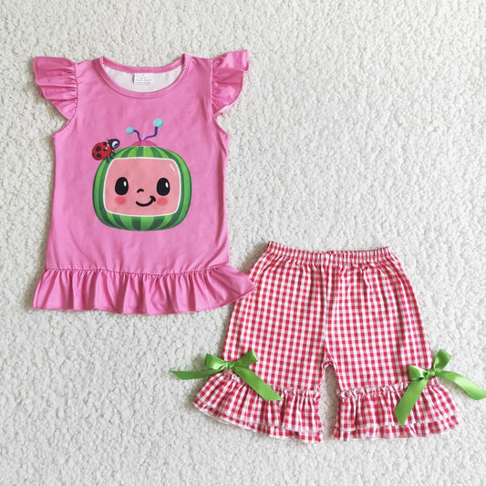 baby girls pink blouses and plaid ruffle shorts 2 pieces set with green bows