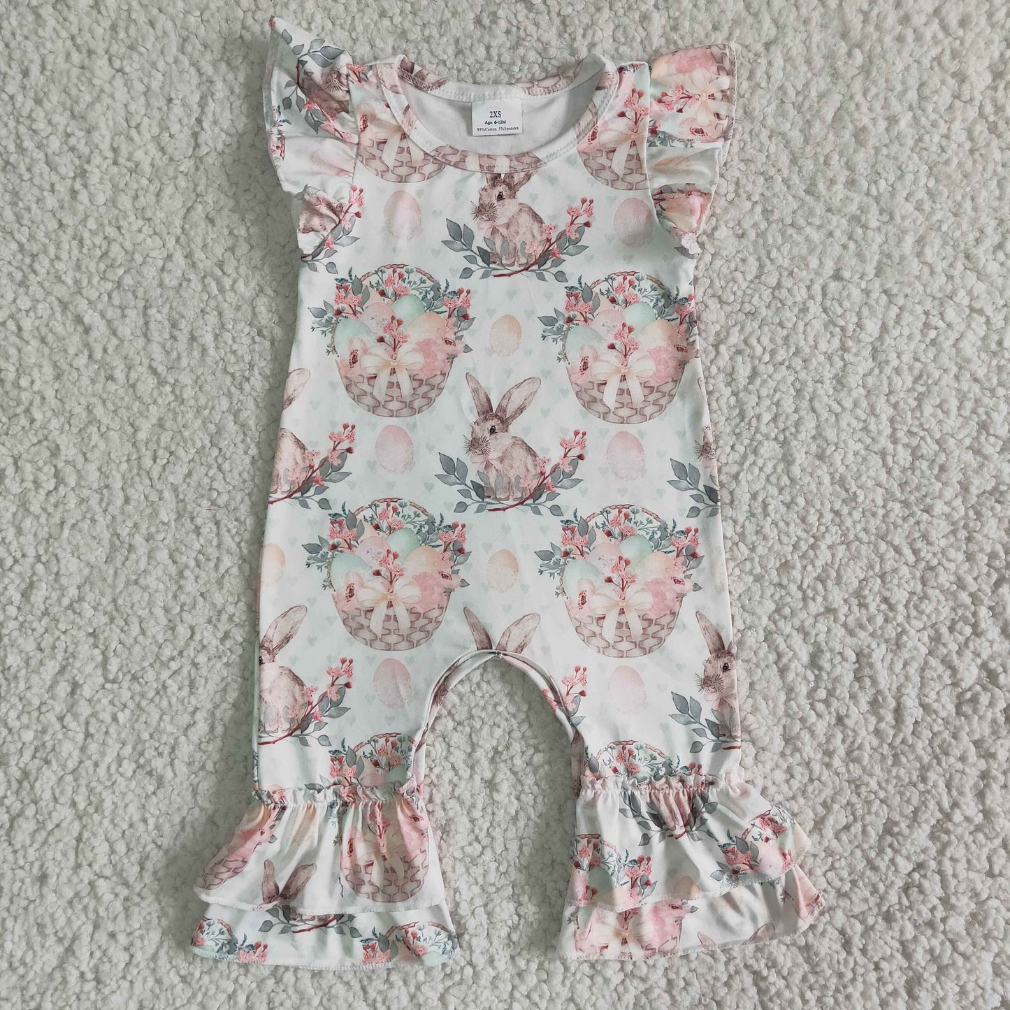 Infants Baby Girls Bunny Eggs And Flowers Pattern Jumpsuit
