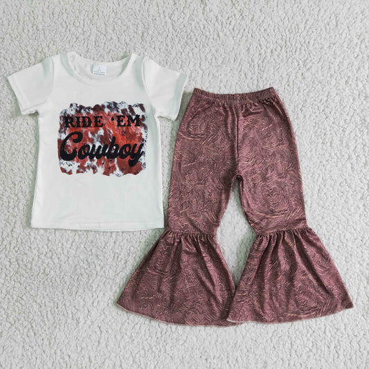 girl white t-shirt with letter design match brown print bell pants kids short sleeve outfit