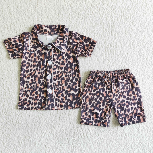 summer boy turn-down collar leopard pajams set kids bottons outfit