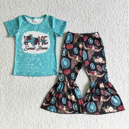 girl summer fashion outfit blue blouses and cow and flower pattern bell pants