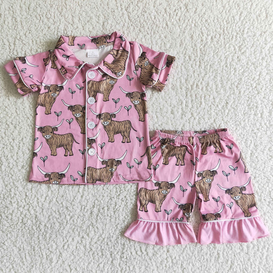 girl pink short sleeve pajamas set kids turn-down collar buttons outfit