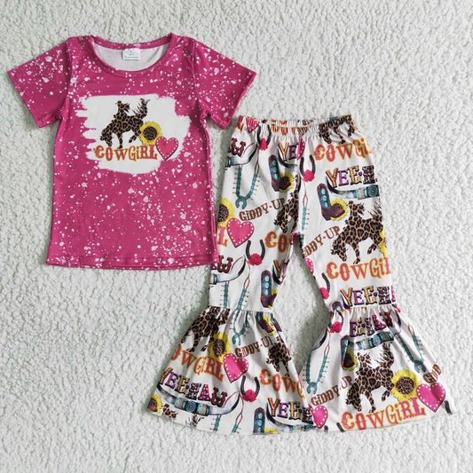 girl ready to ship clothes pink short sleeve top sunflowers and heart pattern bell pants