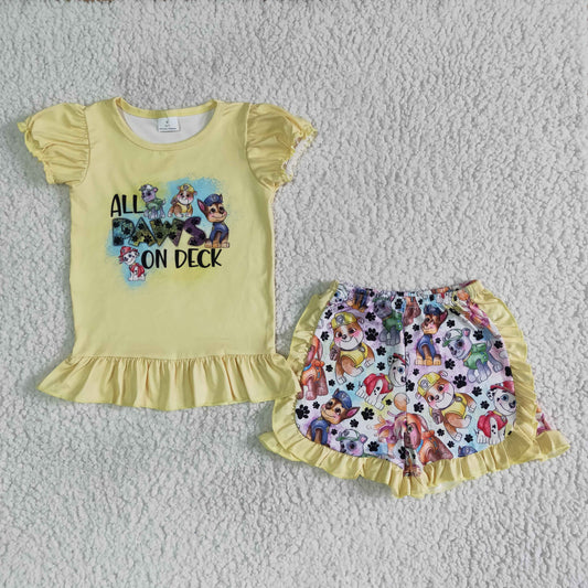 C1-28 summer girl yellowe color short sleeve top and shorts set