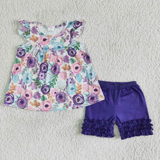 best selling girl summer purple pink flowers tunic match dark blue shorts 2 pieces set