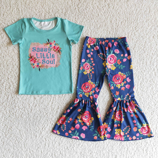 girl fashion green top match flowers pattern flare pants 2pieces set