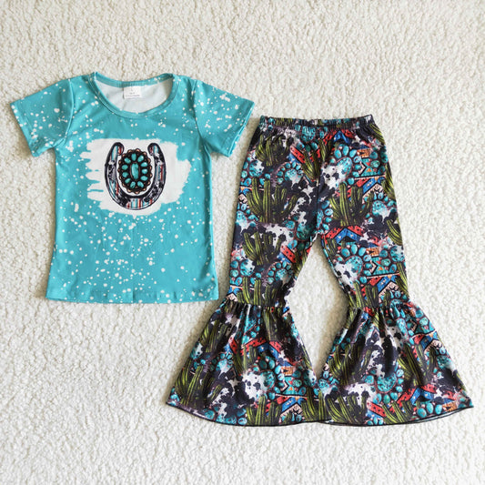 girl fashion summer outfit kid blue top and cactus pattern bell pants 2pieces set