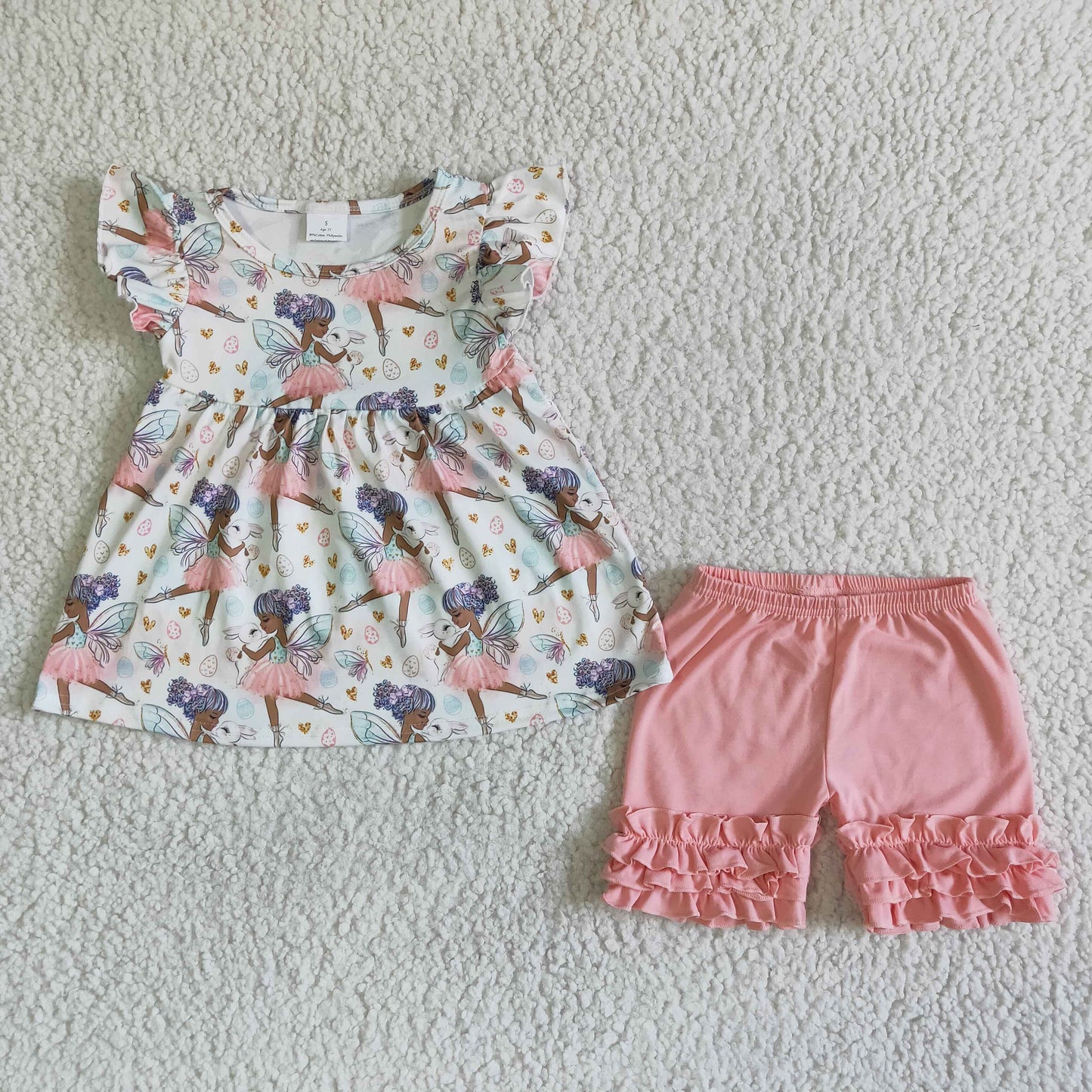 easter day kids short sleeve outfit girl cute flying sleeve tunic and pink color icing ruffle shorts
