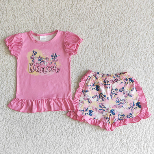 cute girl pink milk silk summer short sleeve outfit with ruffle side
