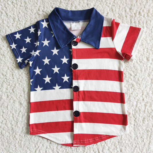 B17-19 baby boy short sleeve t-shirt kids stripes and stars pattern top for july 4th