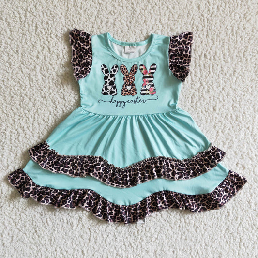 EC0006 fashion girl short sleeve mint green twirl dress baby bunny pattern frock with leopard ruffle sides