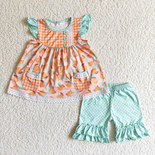 girl short sleeve tunic top dot ruffle shorts 2pieces set kids high quality summer outfit with lace