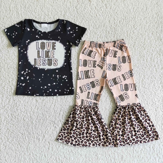 girl black tie-dye top letter and leopard print bell pants 2pieces set
