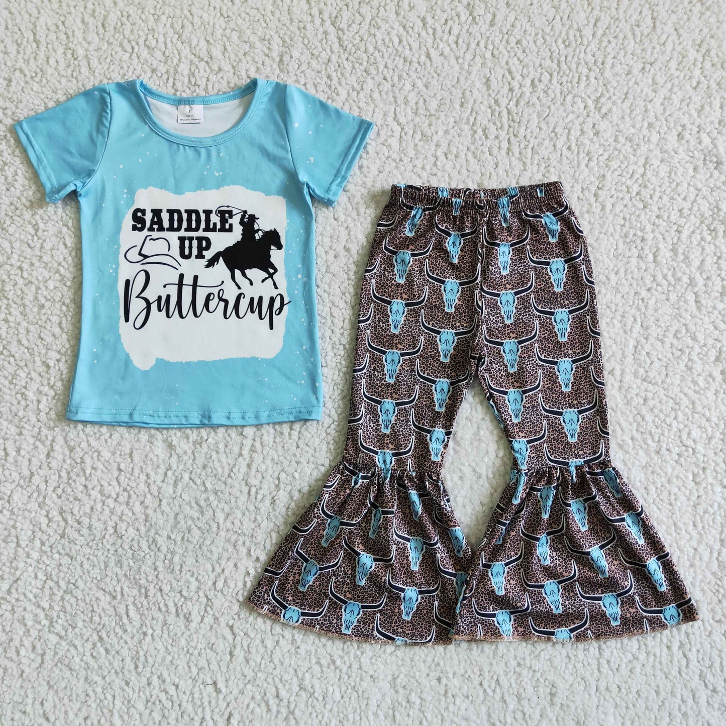 fashion girl summer top and bell pants 2pieces set kids cow print clothes