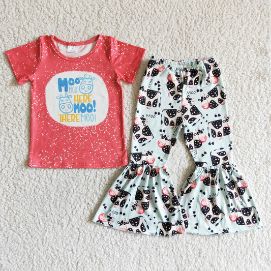 girl farm style 2pieces set kids red top and milk cow pattern pants outfit