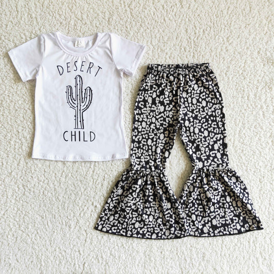 girl white short sleeve top match elastic waist bell bottoms 2 pieces set kids cactus outfit