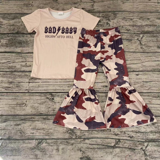 girl  short sleeve blouses match camo bell pants outfit