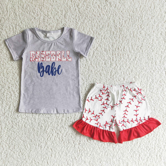 girl summer new style baseball outfit with short sleeve top and ruffle shorts