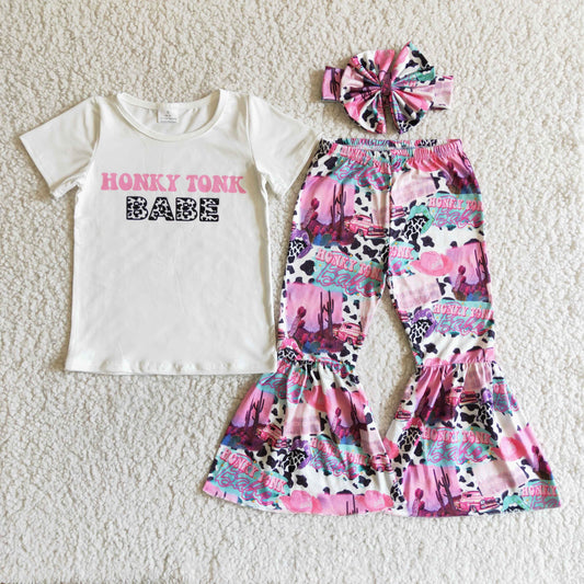 girl white short sleeve top match pink print bell bottoms outfit fashion kids summer clothes with headband