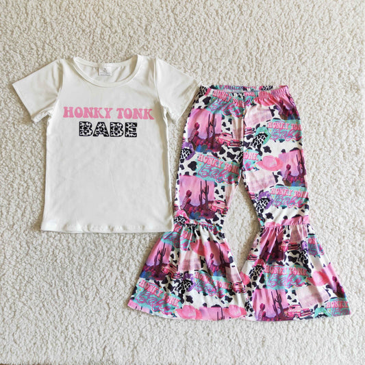 girl white short sleeve top match pink print bell bottoms outfit fashion kids summer clothes with headband