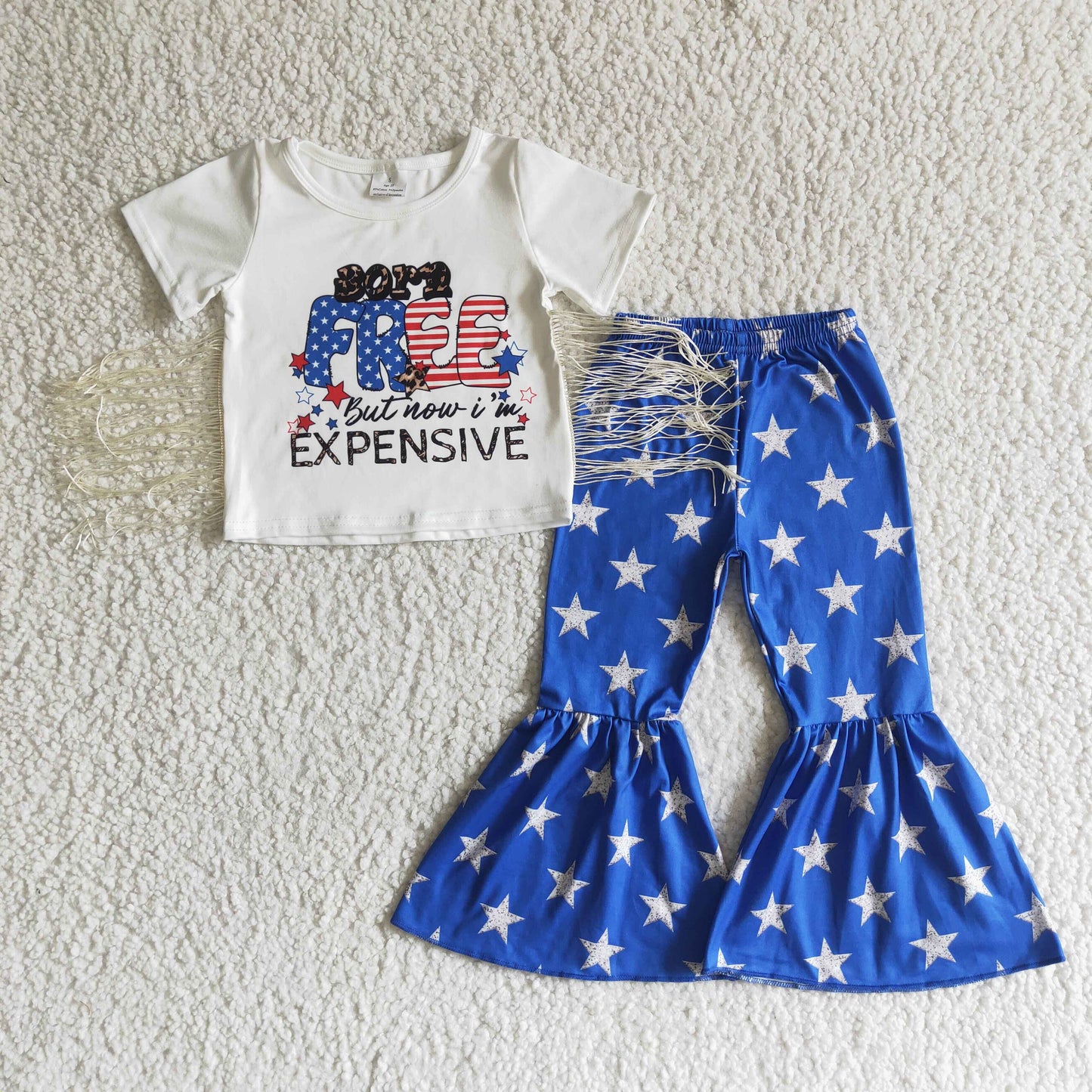 kids fashion style tassel top and blue bell pants with stars girl independence day outfit