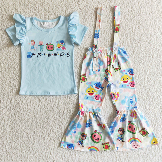 girl fashion style blue top and jumpsuit 2pieces set summer short sleeve outfit