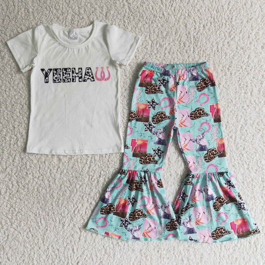 fashion girl white short sleeve top match blue flare pants kids outfit with leopard and cactus print