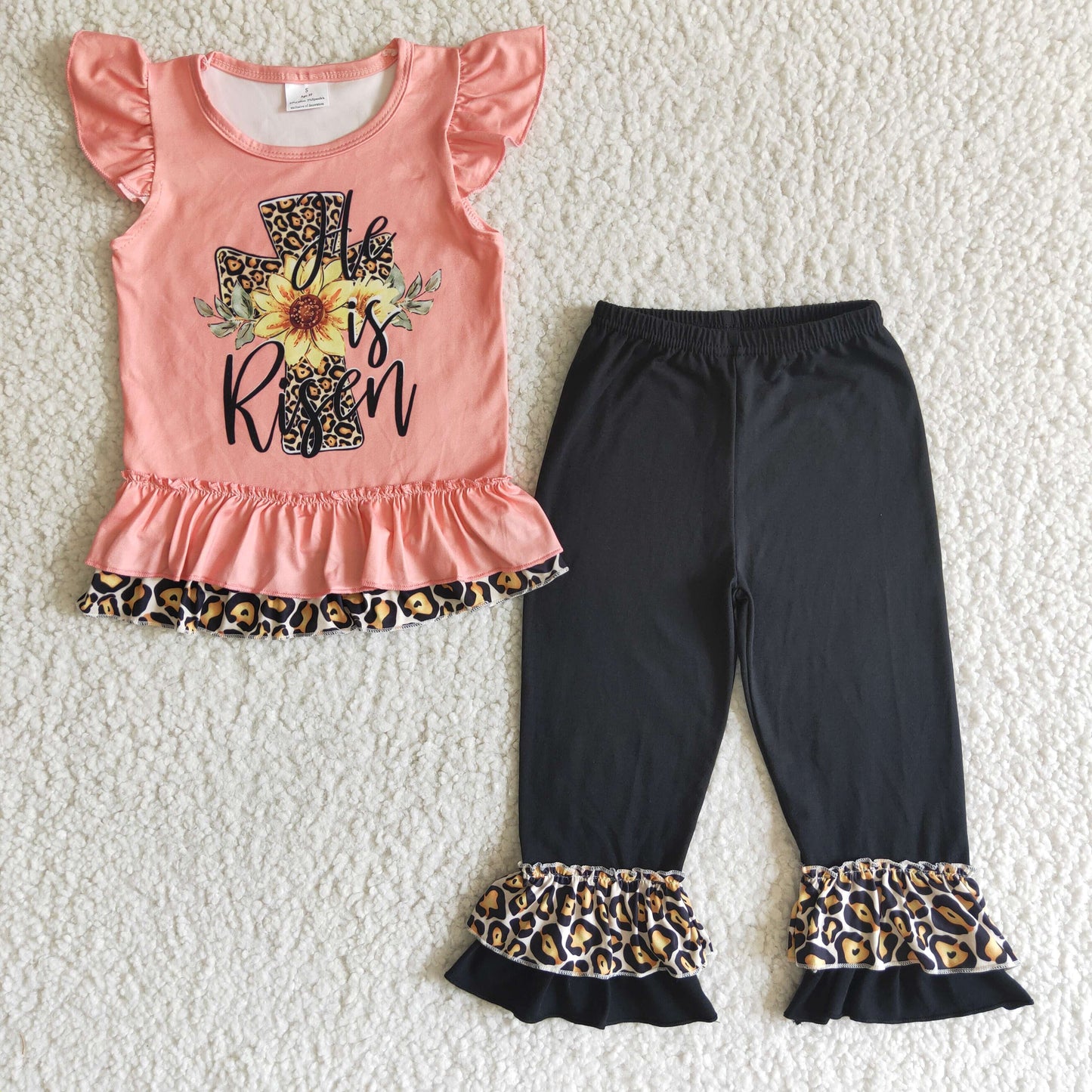 baby girls easter day leopard cross and sunflowers print top match black pants 2pieces set