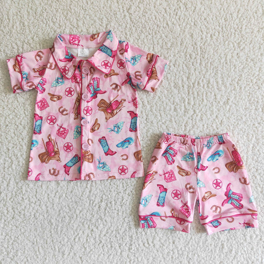 girl pink turn-down short sleeve pajamas set kids summer outfit