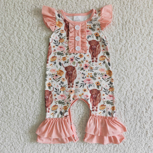 SR0010 infants baby girl flying sleeve romper cow and flowers pattern jumpsuit
