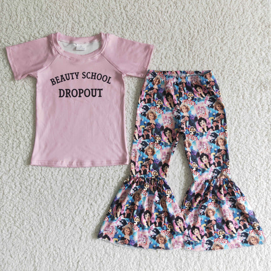 girl pink top and flare pants outfit with letter design