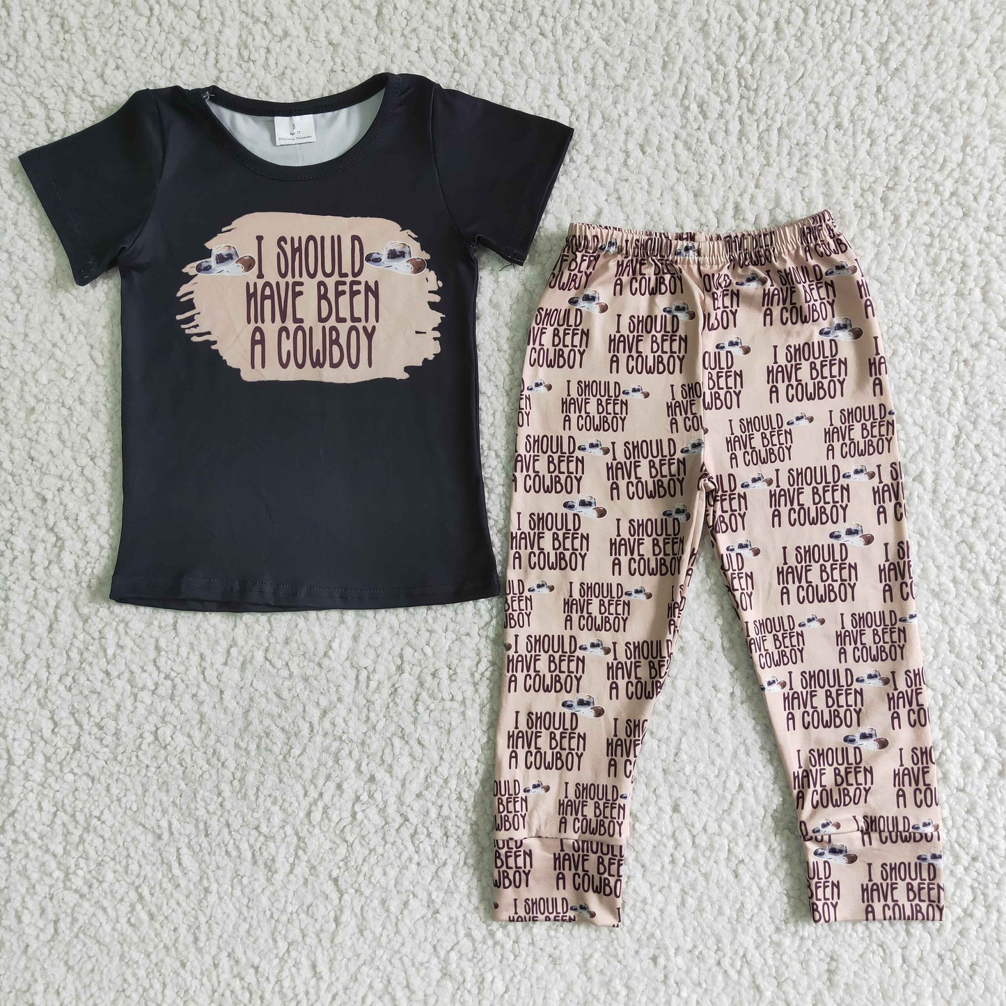 boy short sleeve outfit with black top and letter long pants