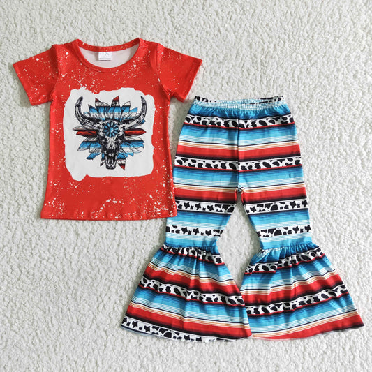 Girl Red Top Match Stripes Flare Pants Suit Kids Summer Short Sleeve Outfit With Cow Print