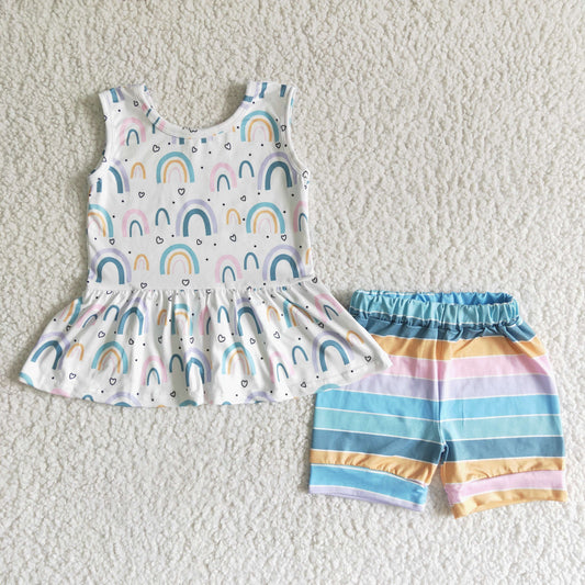 girl fashion tank top with rainbow print match stripes shorts outfit