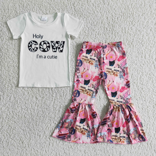 new arrival girl white top and pink print bell pants set with short sleeve