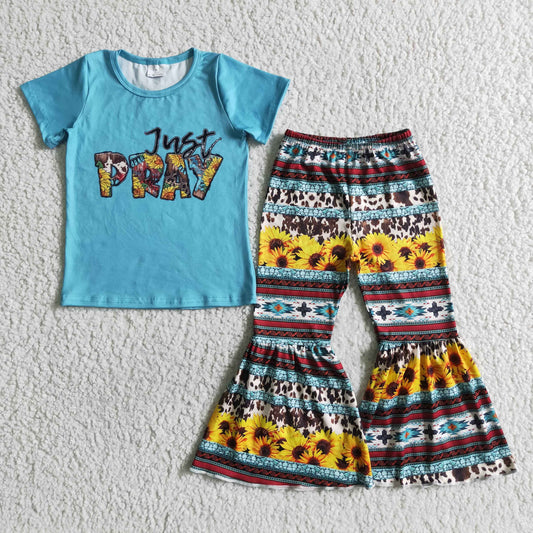 girl blue short sleeve top and sunflowers pattern bell pants 2pieces set