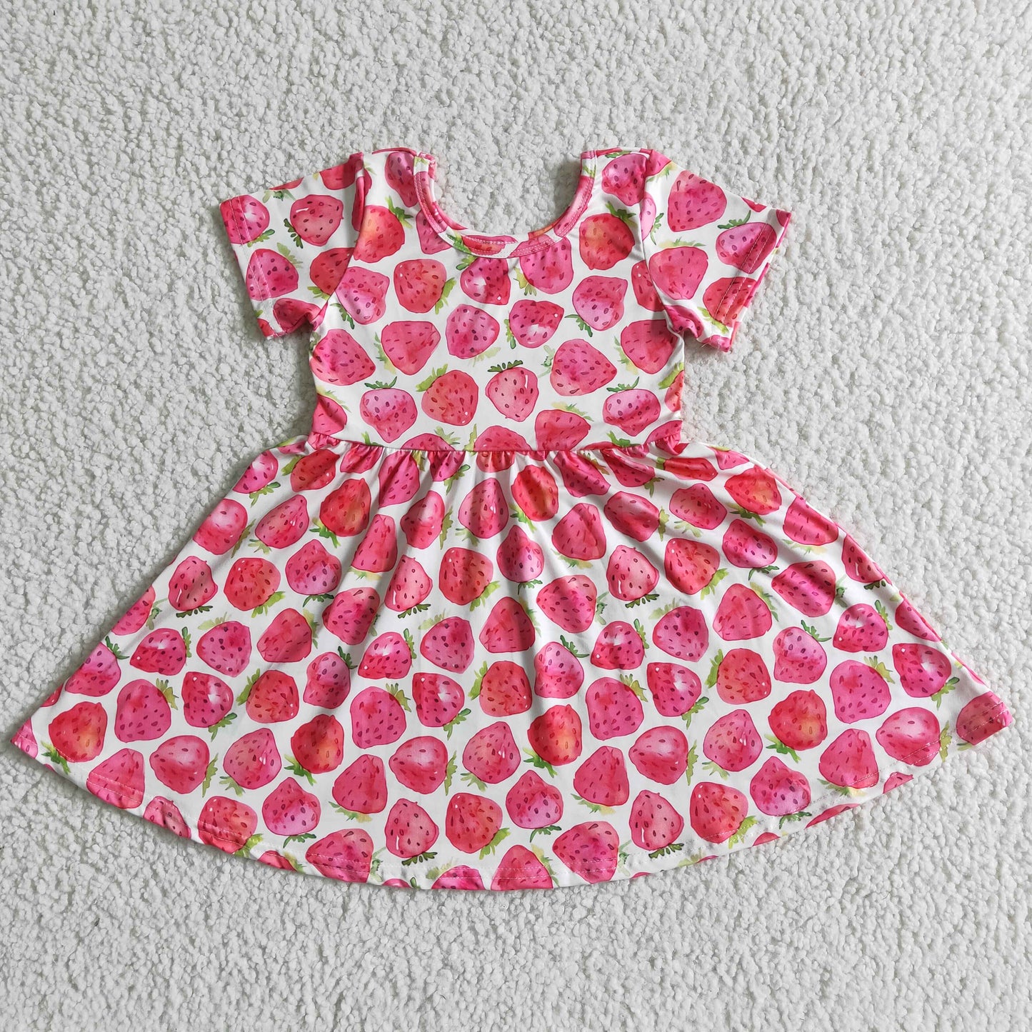 girl summer short sleeve twirl dress with strawberry Print  kids fashion o-neck frock with knee