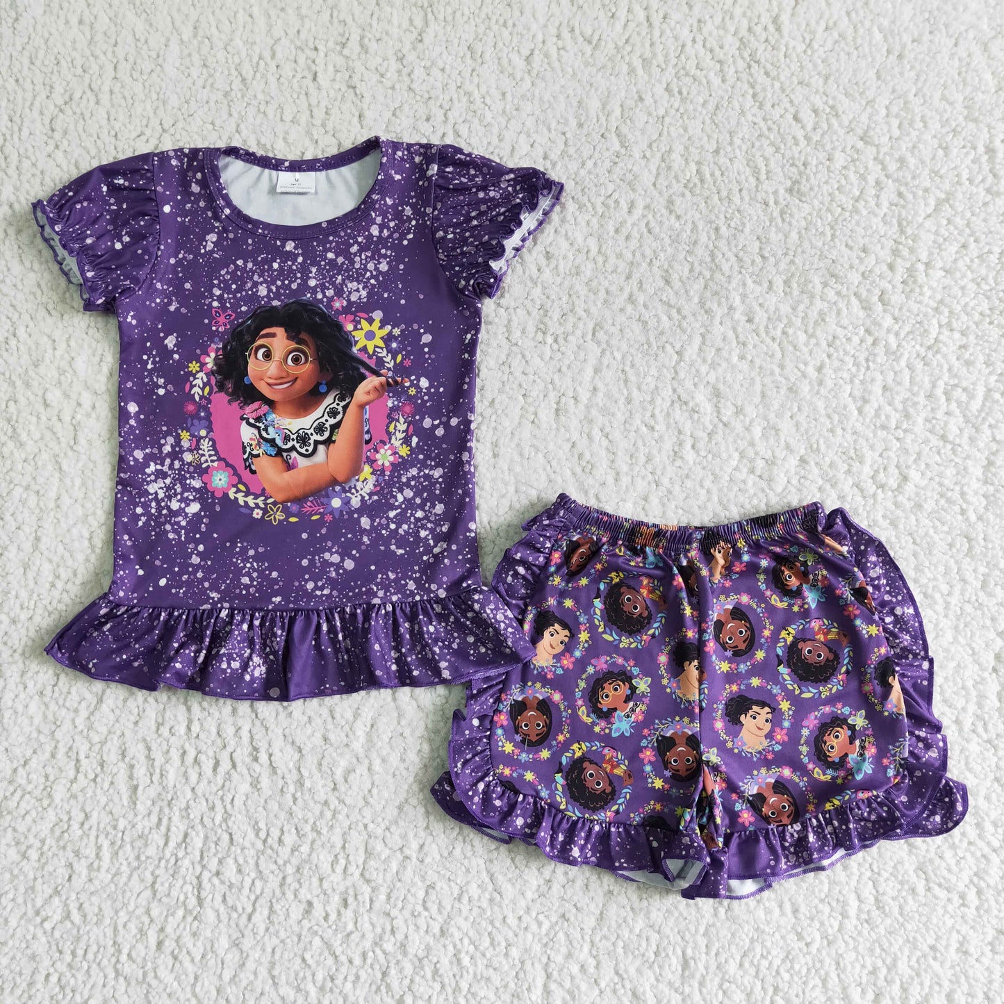 girl high quality summer puff sleeve top and shorts set with purple color