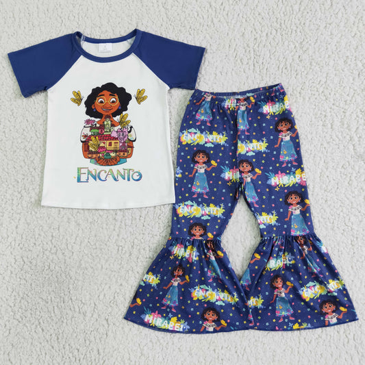 new arrival kid summer short sleeve outfit girl raglan shirt and dark blue bell pants with flowers pattern