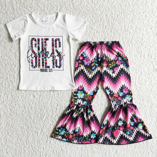 new arrival kids summer outfit girl white top match flowers pattern bell pants