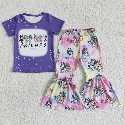 girl purple top match colorful bell bottoms 2pcs kids fashion summer outfit