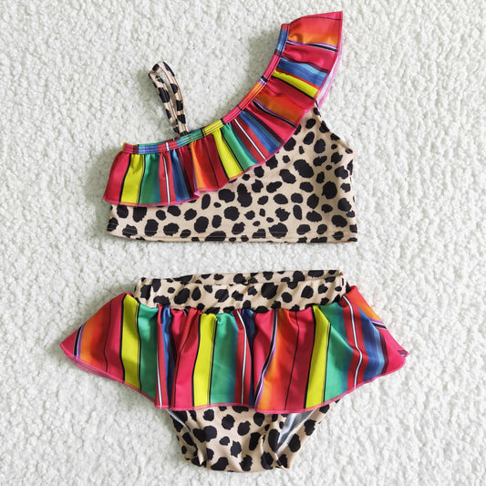 summer fashion sleeveless swimming suit girl leopard and stripes pattern swim outfit