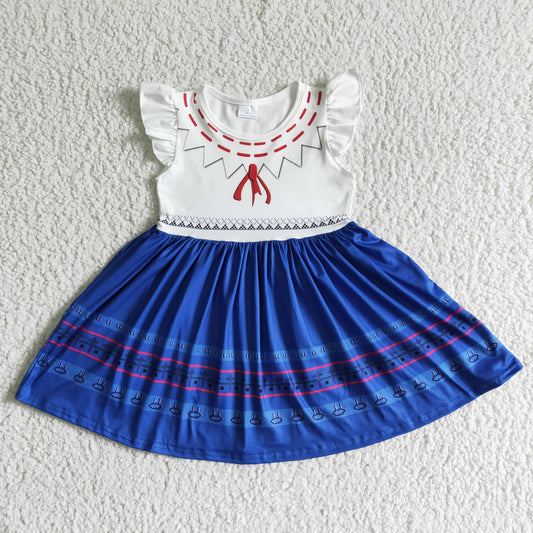 girl white and blue stitching design twirl dress with short sleeve