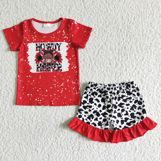 girl red top and milk cow print shorts with o-neck