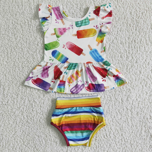 summer girl colorful popsicle top and rainbow stripes bummies set