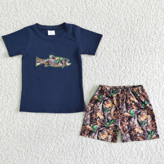 baby boy navy cotton top match leaves shorts set