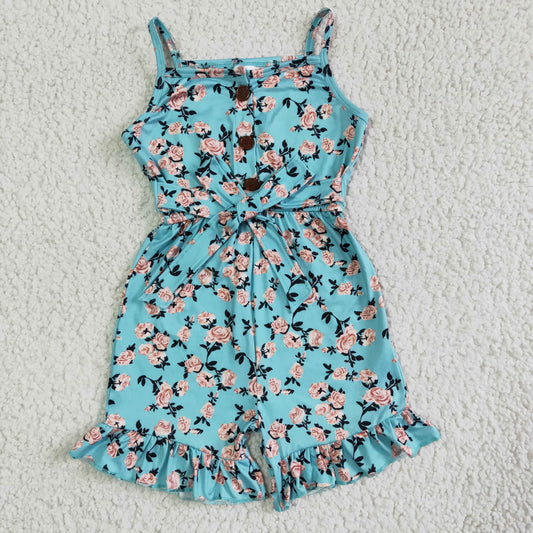 summer girl sleeveless  flowers pattern jumpsuit with belt