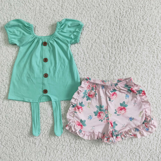 new arrival girl summer cotton outfit green puff sleeve top match flowers shorts set