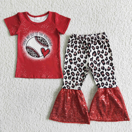 girl red short sleeve top match leopard pants with sequin kids baseball outfit